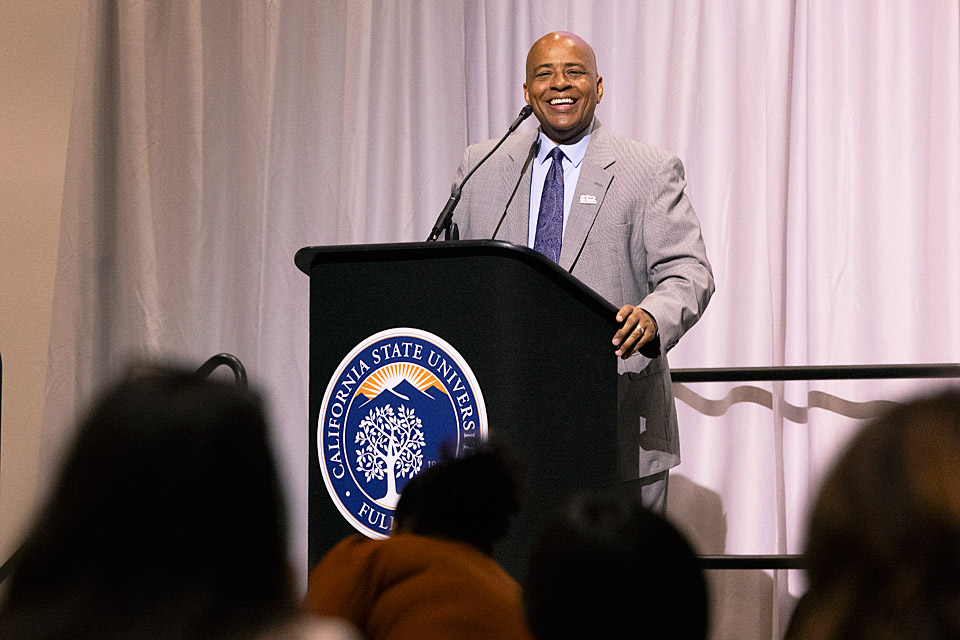 President Rochon speaking at a podium