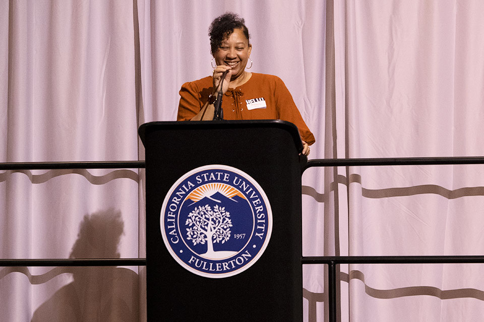 Advancement Vice President Kimberly Shiner at the podium.