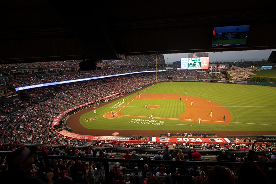 Overview of the baseball field with game in play