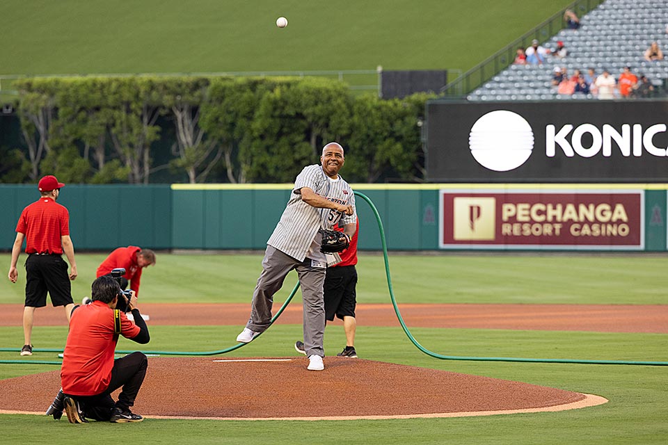 President Rochon on the mound throwing out first pitch