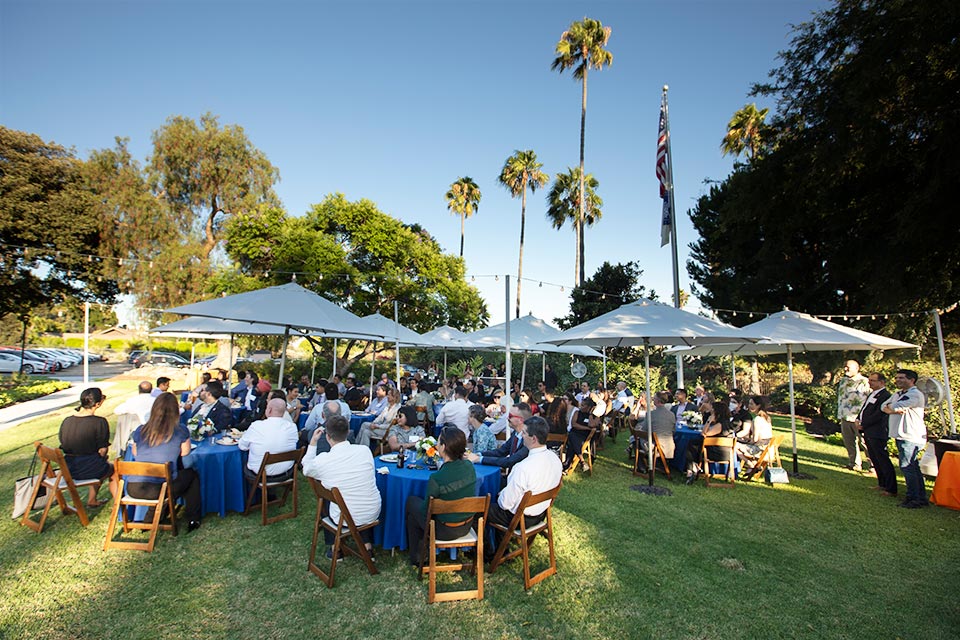 Scenic view of tables and attendance of reception.